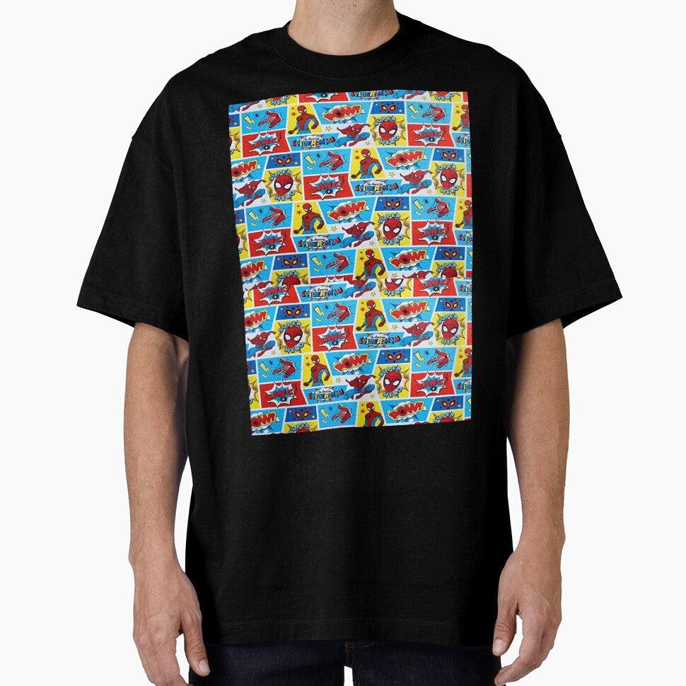 A Fun and Colorful Pattern Featuring Iconic Superheroe Spiderman and Action Phrases in Bright Comic Book Style