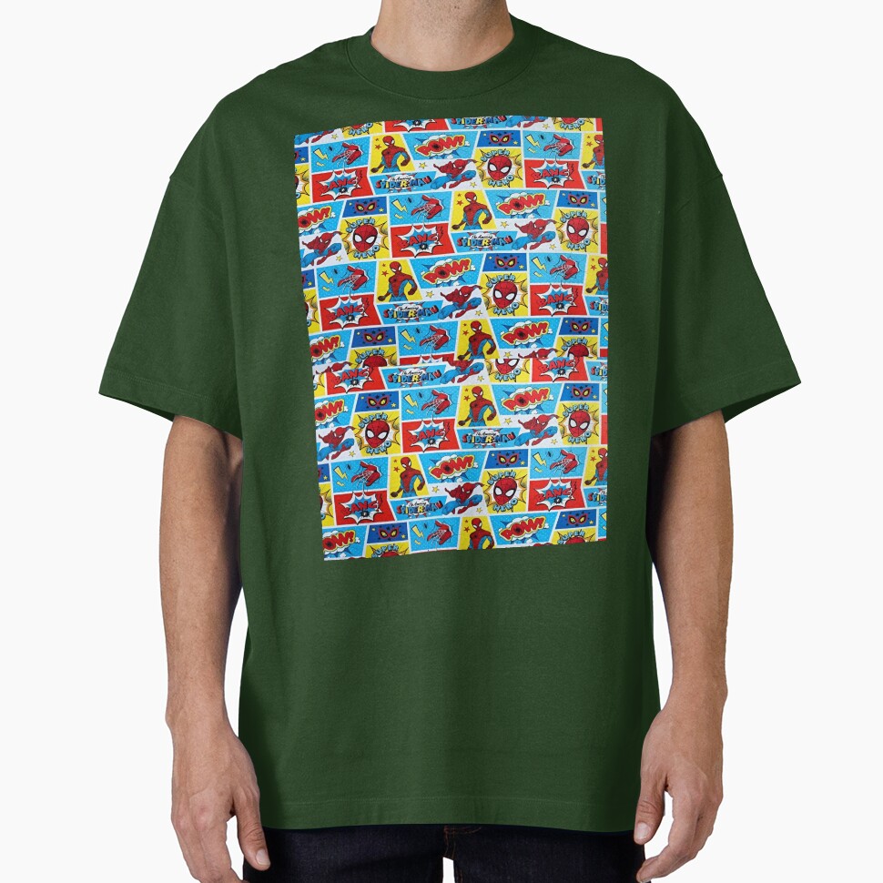 A Fun and Colorful Pattern Featuring Iconic Superheroe Spiderman and Action Phrases in Bright Comic Book Style