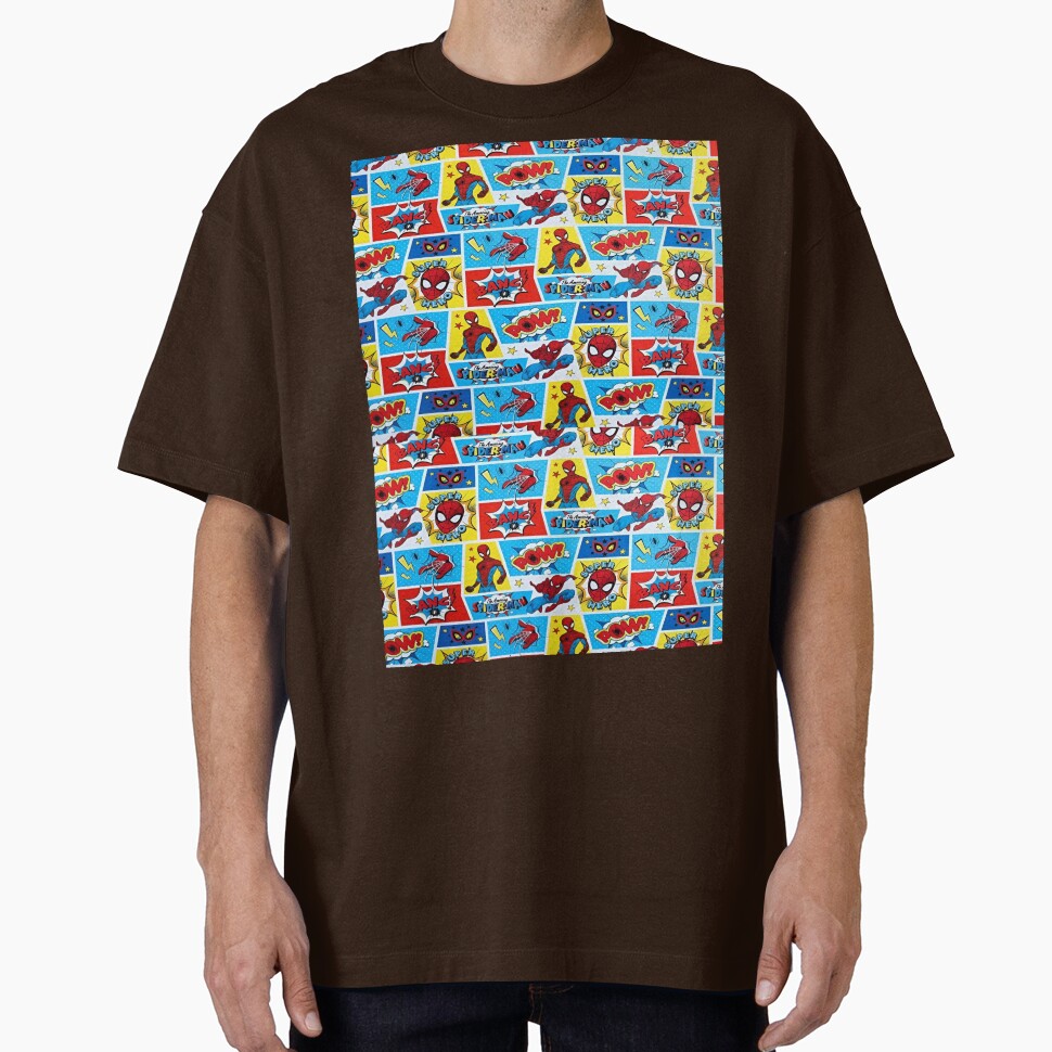 A Fun and Colorful Pattern Featuring Iconic Superheroe Spiderman and Action Phrases in Bright Comic Book Style
