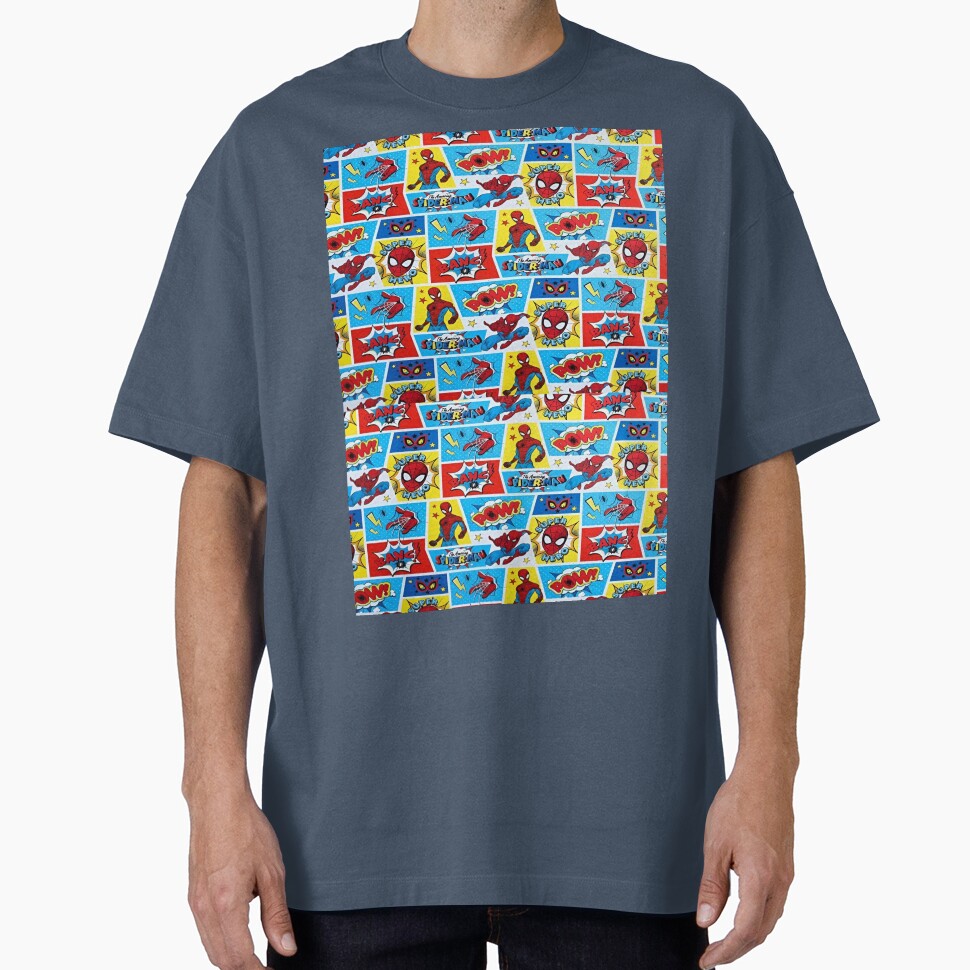 A Fun and Colorful Pattern Featuring Iconic Superheroe Spiderman and Action Phrases in Bright Comic Book Style