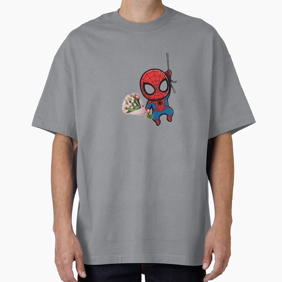 Cute Chibi Spider-Man Holding a Pink Tulip Bouquet