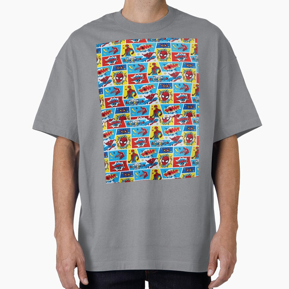 A Fun and Colorful Pattern Featuring Iconic Superheroe Spiderman and Action Phrases in Bright Comic Book Style