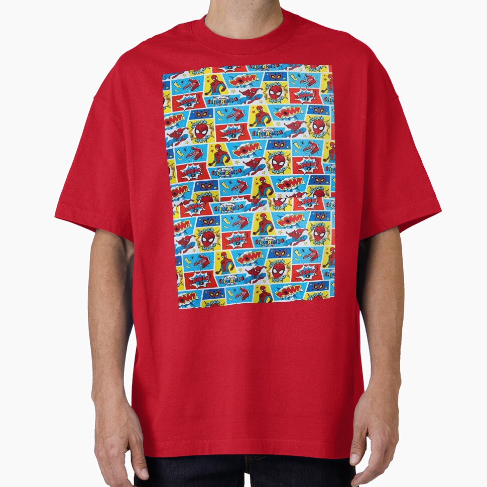 A Fun and Colorful Pattern Featuring Iconic Superheroe Spiderman and Action Phrases in Bright Comic Book Style