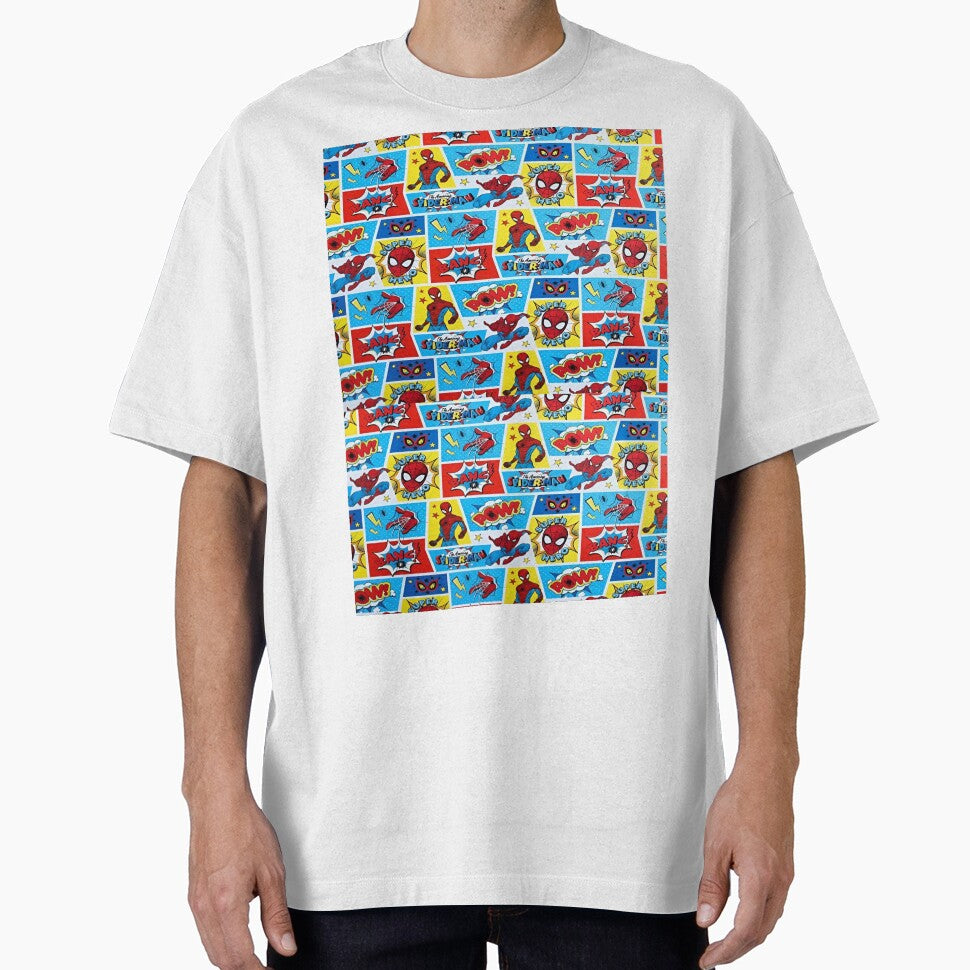 A Fun and Colorful Pattern Featuring Iconic Superheroe Spiderman and Action Phrases in Bright Comic Book Style