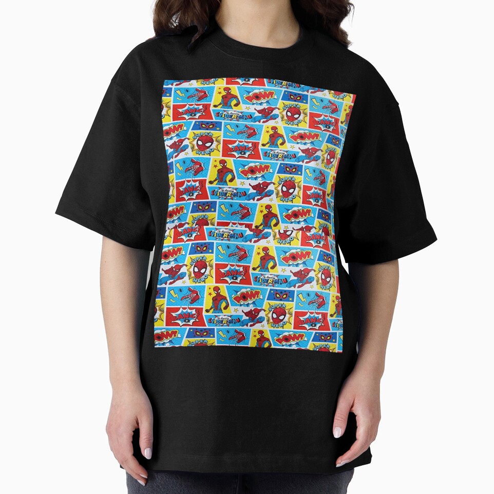 A Fun and Colorful Pattern Featuring Iconic Superheroe Spiderman and Action Phrases in Bright Comic Book Style