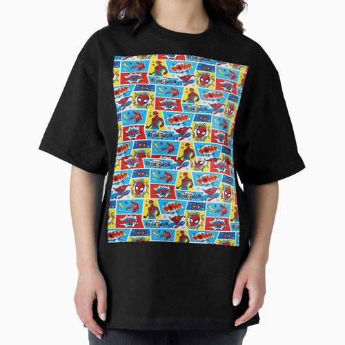 A Fun and Colorful Pattern Featuring Iconic Superheroe Spiderman and Action Phrases in Bright Comic Book Style