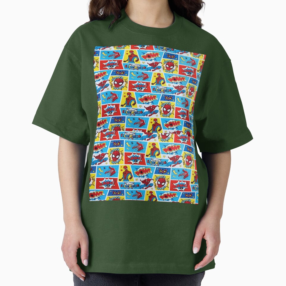 A Fun and Colorful Pattern Featuring Iconic Superheroe Spiderman and Action Phrases in Bright Comic Book Style