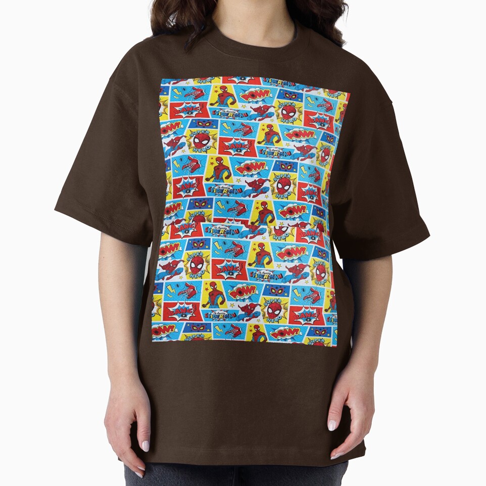 A Fun and Colorful Pattern Featuring Iconic Superheroe Spiderman and Action Phrases in Bright Comic Book Style