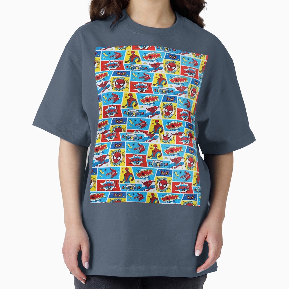 A Fun and Colorful Pattern Featuring Iconic Superheroe Spiderman and Action Phrases in Bright Comic Book Style