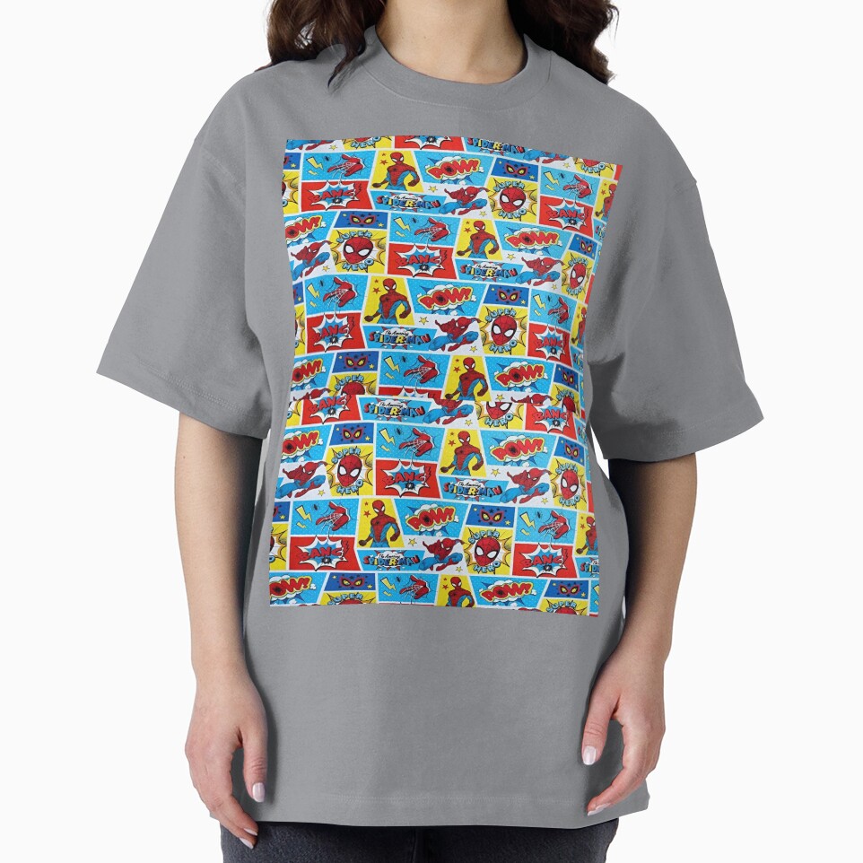 A Fun and Colorful Pattern Featuring Iconic Superheroe Spiderman and Action Phrases in Bright Comic Book Style