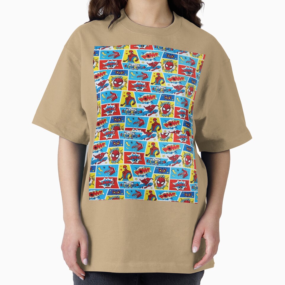 A Fun and Colorful Pattern Featuring Iconic Superheroe Spiderman and Action Phrases in Bright Comic Book Style