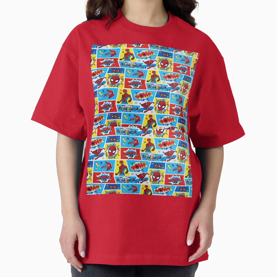 A Fun and Colorful Pattern Featuring Iconic Superheroe Spiderman and Action Phrases in Bright Comic Book Style