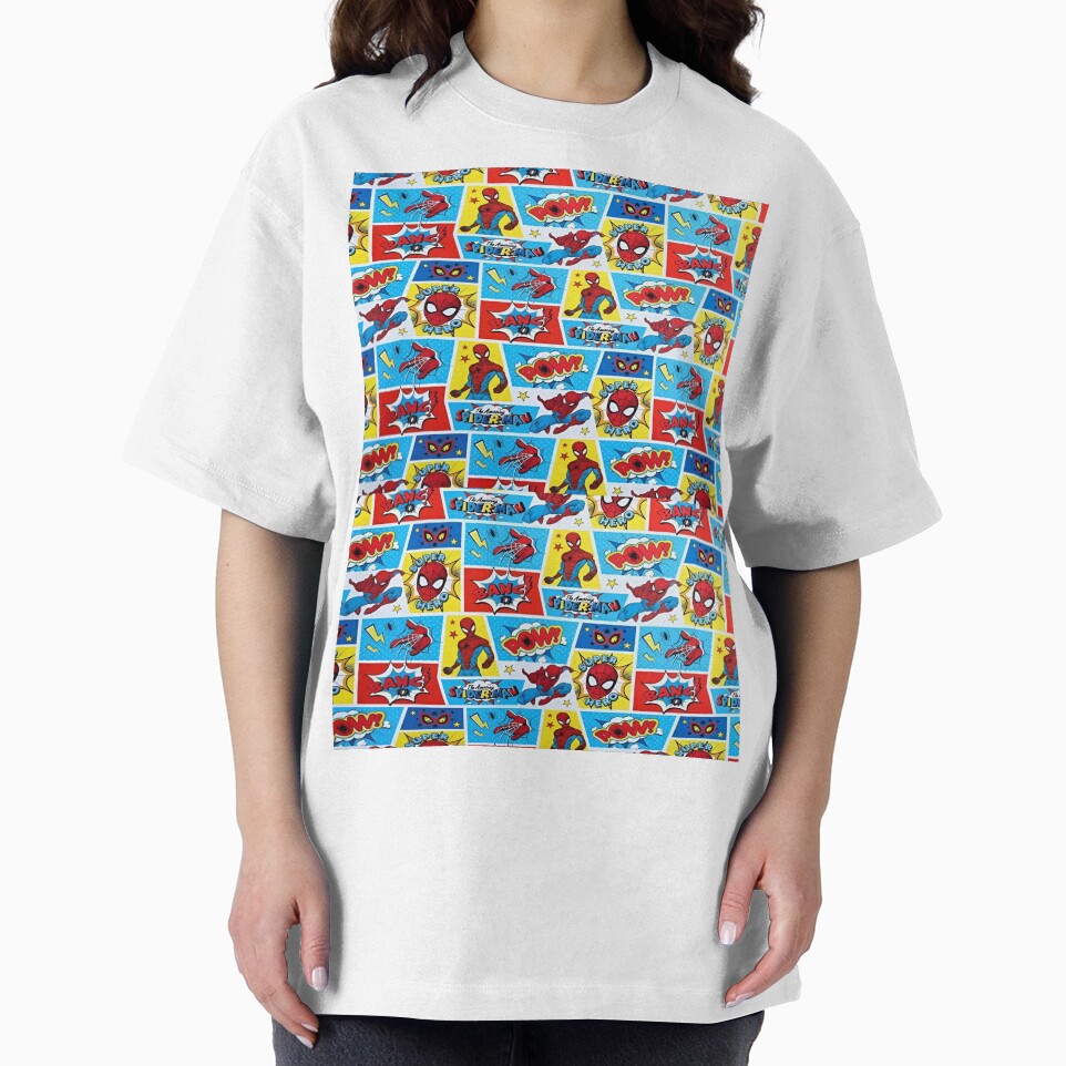 A Fun and Colorful Pattern Featuring Iconic Superheroe Spiderman and Action Phrases in Bright Comic Book Style