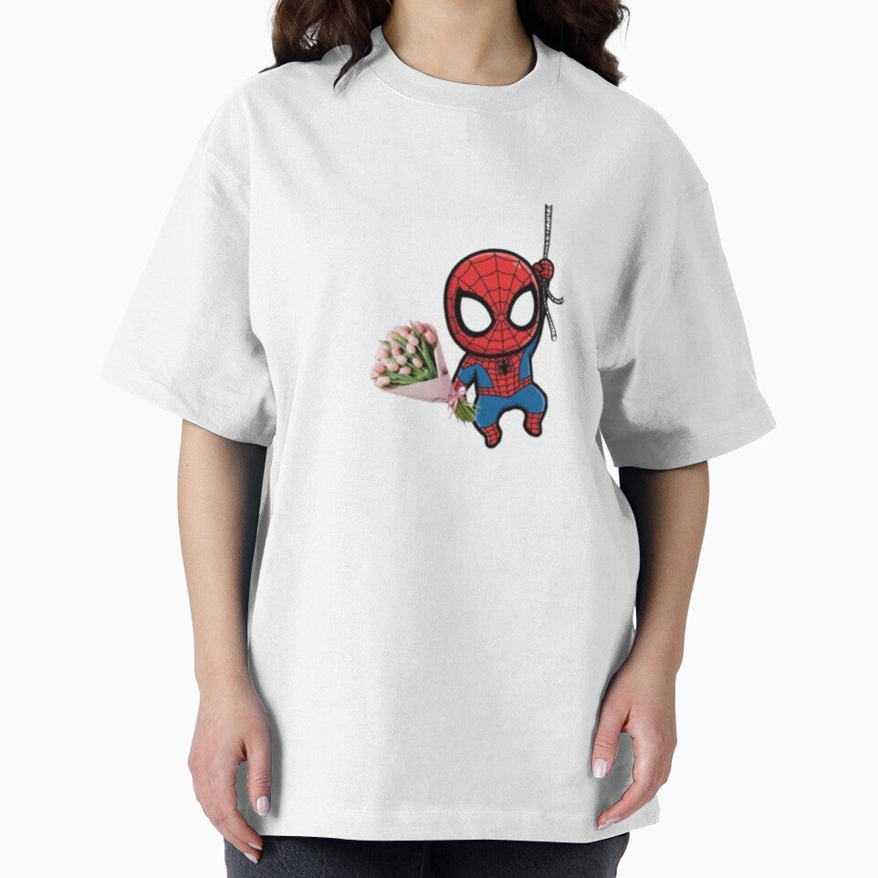 Cute Chibi Spider-Man Holding a Pink Tulip Bouquet
